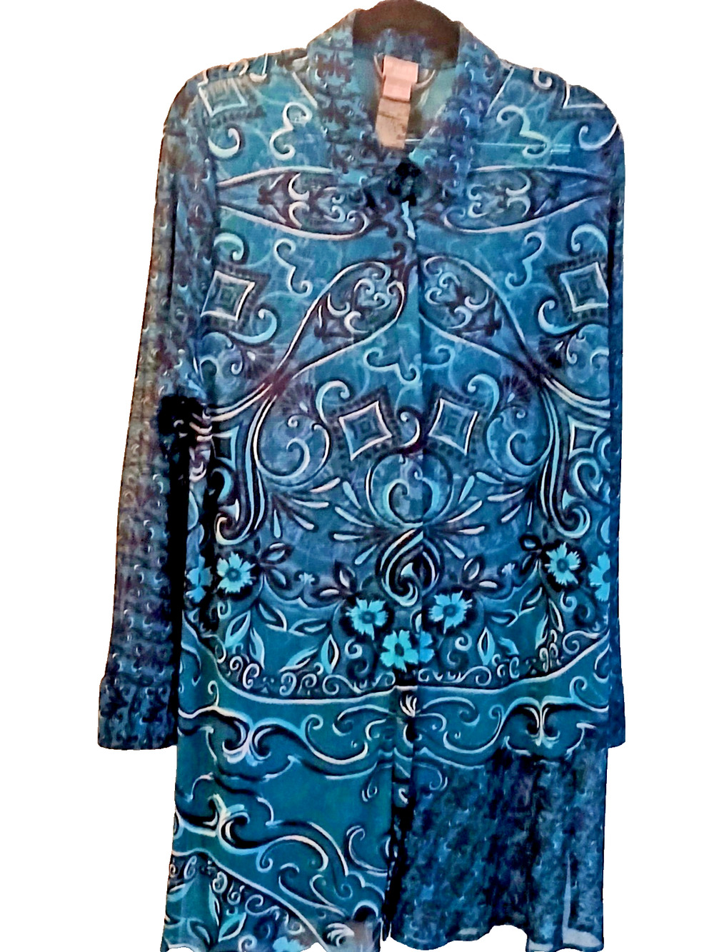 CHICOS TRAVELERS COLLECTION TUNIC SHEER BLUE GREEN BLACK LONG SLEEVE SIZE 2